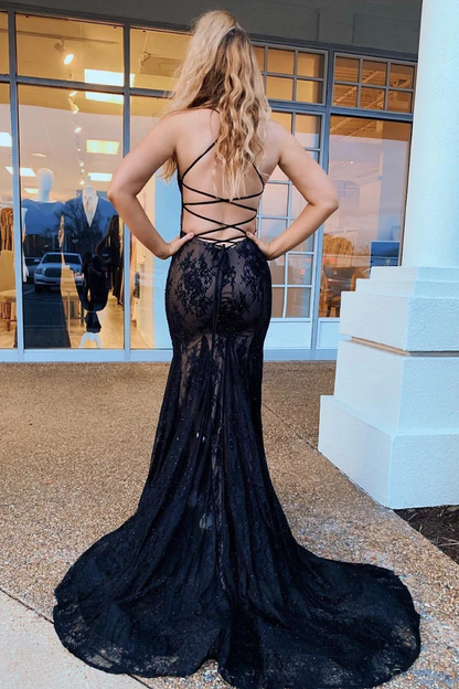 Mermaid V-neck backless lace black long ball gown evening dress gh2644