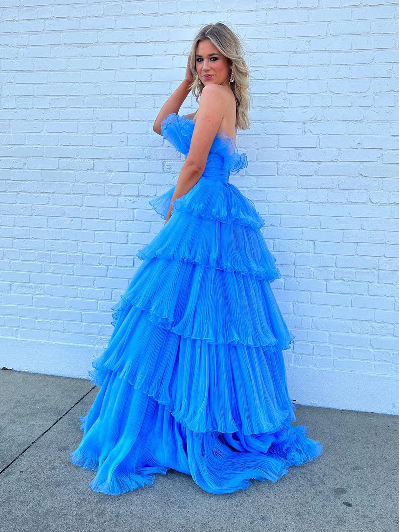 Strapless A-Line Tiered Crinkled Tulle Prom Dress gh2674