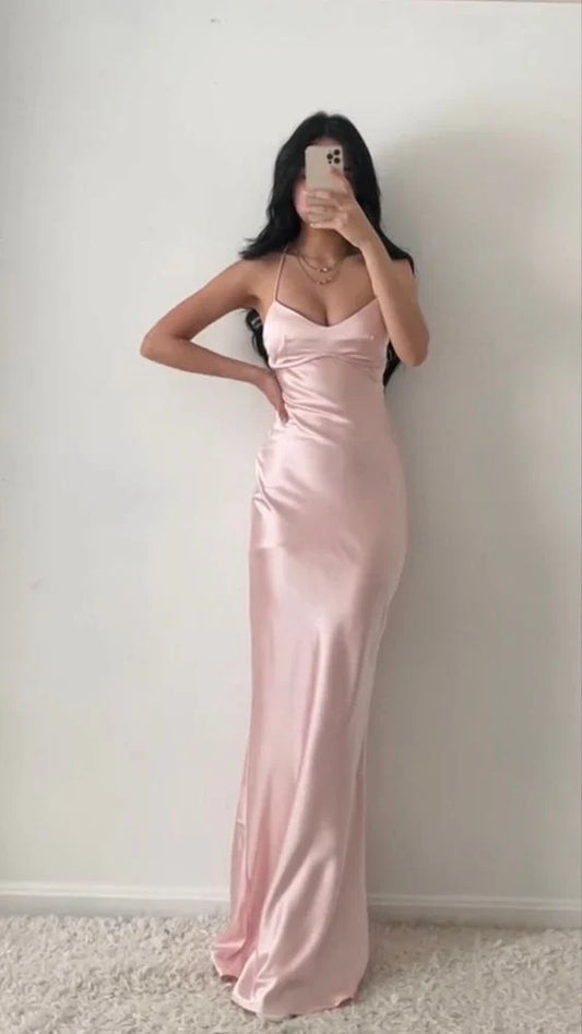 Halter Neck Pink Prom Dresses Sheath Backless Satin Party Gown Evening Dress SH2572