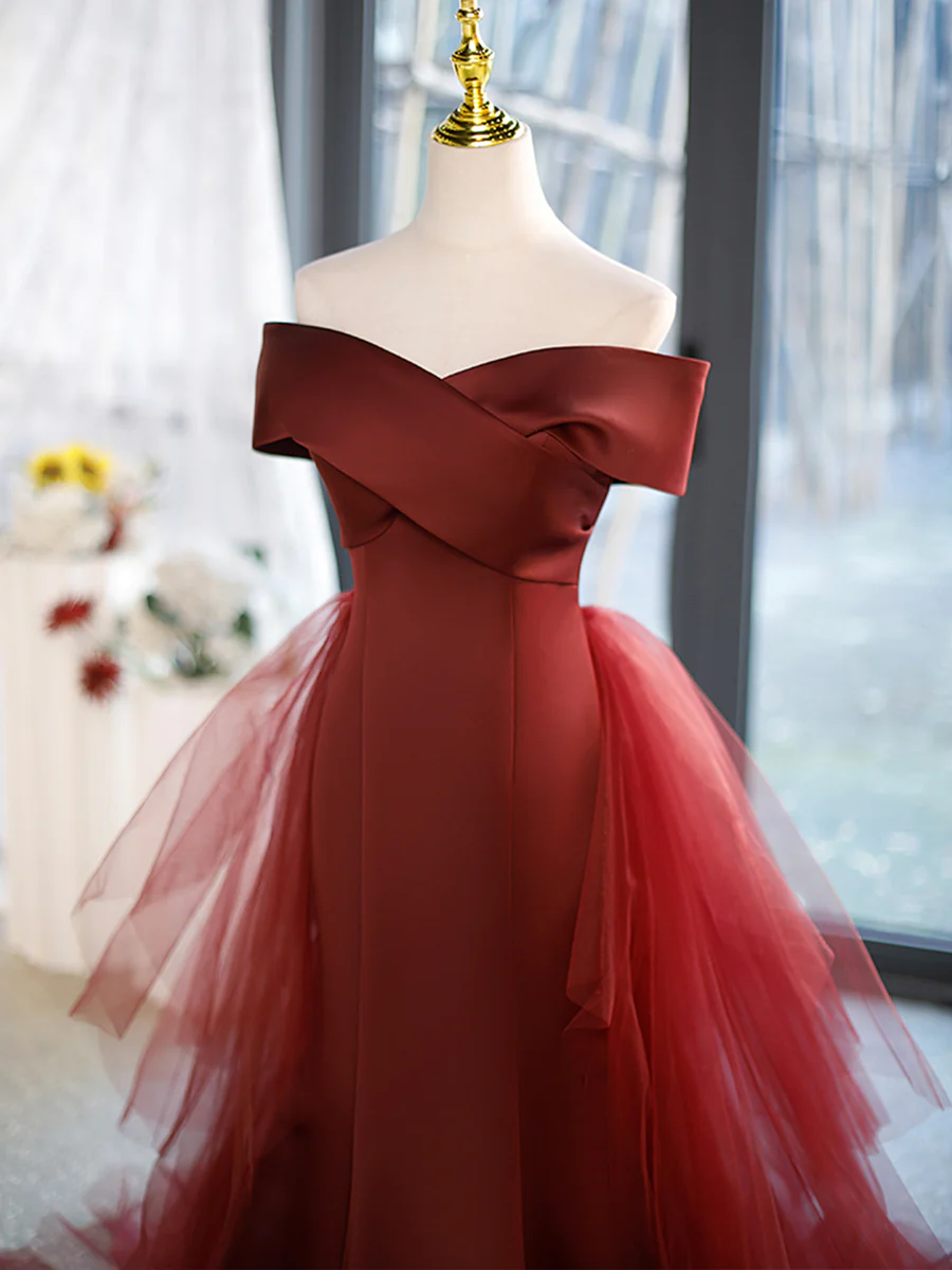 Mermaid V-Neck Satin Long Burgundy Prom Dress with Bow P575