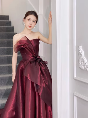 Simple Ball Gown Strapless Organza Burgundy Long Prom Dress P565