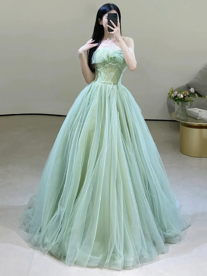 Sexy Green Strapless Tulle Floor Length Prom Dress P569
