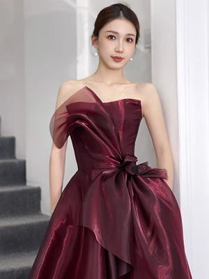 Simple Ball Gown Strapless Organza Burgundy Long Prom Dress P565