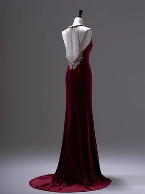 Luxury Mermaid Velvet Evening Dress Red Long Prom Dress P556
