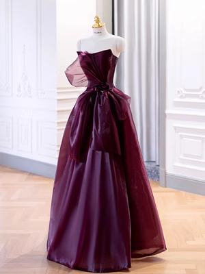 Simple Ball Gown Strapless Organza Burgundy Long Prom Dress P565