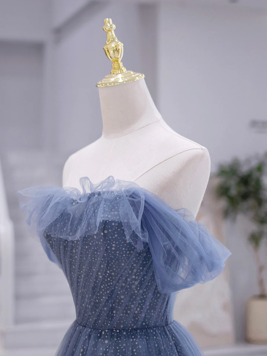 A line Blue Strapless Tulle Long Prom Dress P620