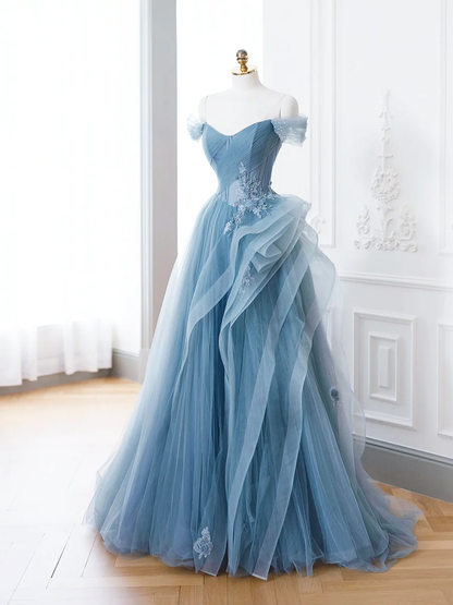A-Line Blue Tulle Lace Long Prom Dress P625