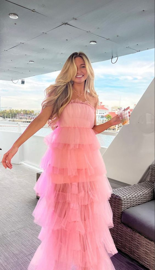 Pink fashion sweet A-line strapless long elegant layered tulle ball gown evening dress party dress gh2818