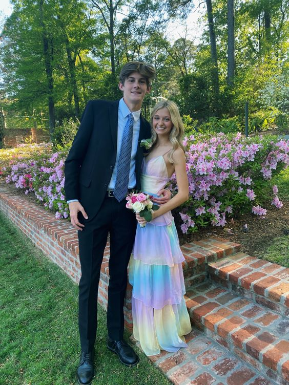 Spaghetti straps layered rainbow prom dress gh2898