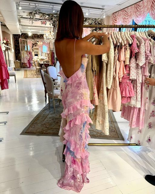 Dreamy elegant spaghetti strap pink layered ruffle maxi dress long chiffon evening gown Prom Dress gh2905