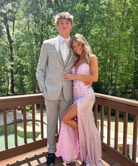 Spaghetti Straps Flower Pink Prom Dress With Slit gh2858