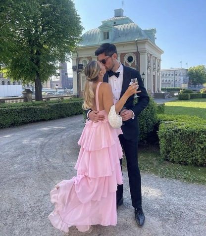 Pink suspenders fashion sweet A-line backless long chiffon tiered ball gown evening dress party dress gh2906