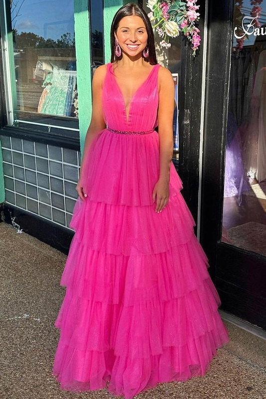 V-Neck Beaded Waist Tulle Long Prom Dress gh2839