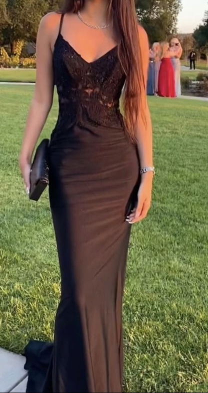 Bodycon stretch woven satin applique v neck sleeveless long black ball gown evening dress gh3000