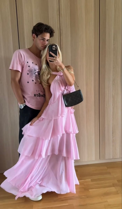 Pink suspenders fashion sweet A-line backless long chiffon tiered ball gown evening dress party dress gh2906