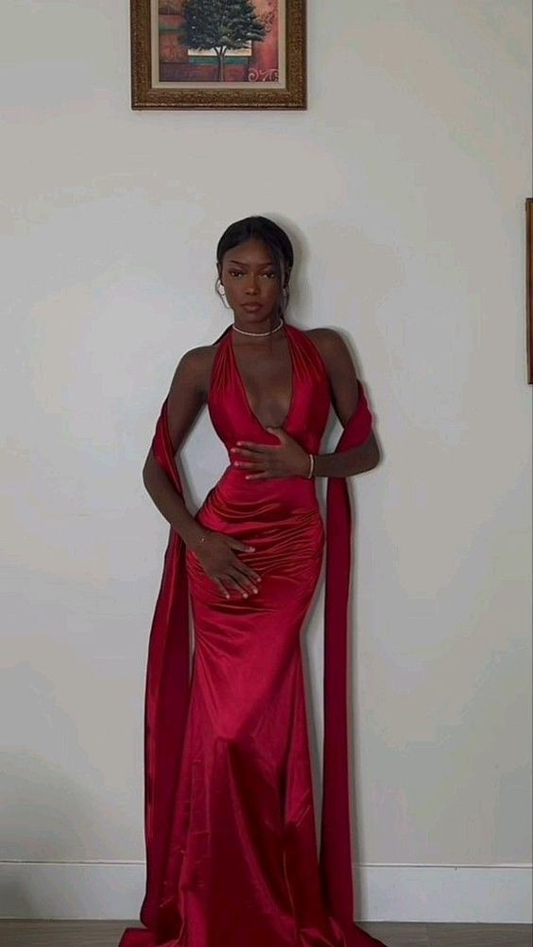 Red sexy elegant mermaid V neck long satin prom dress evening gown party dress gh2997