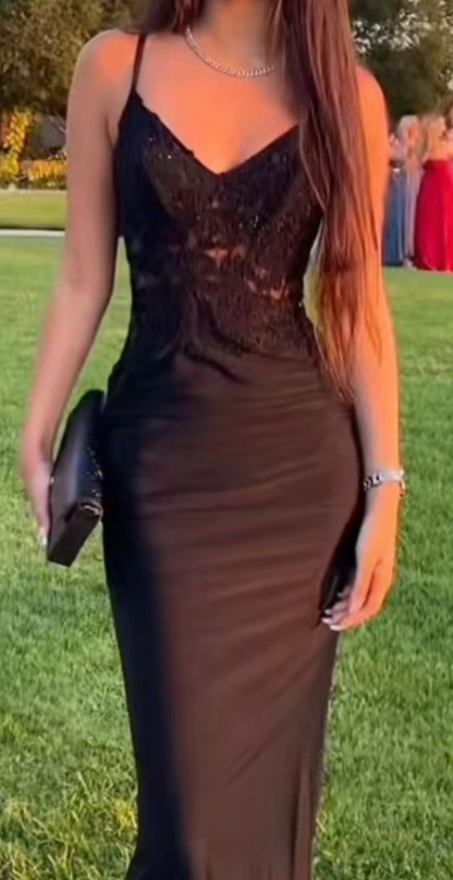 Bodycon stretch woven satin applique v neck sleeveless long black ball gown evening dress gh3000