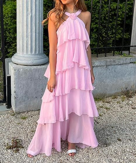 Pink suspenders fashion sweet A-line backless long chiffon tiered ball gown evening dress party dress gh2906