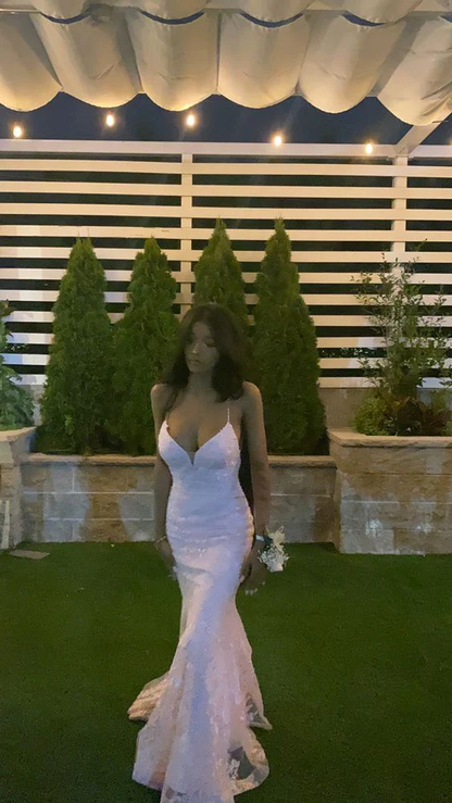 Sexy Mermaid Spaghetti Straps Sleeveless Lace Pink Prom Dress gh2992