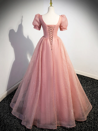 Beautiful Pink Tulle Floor Length Prom Dress with Short Sleeve P619