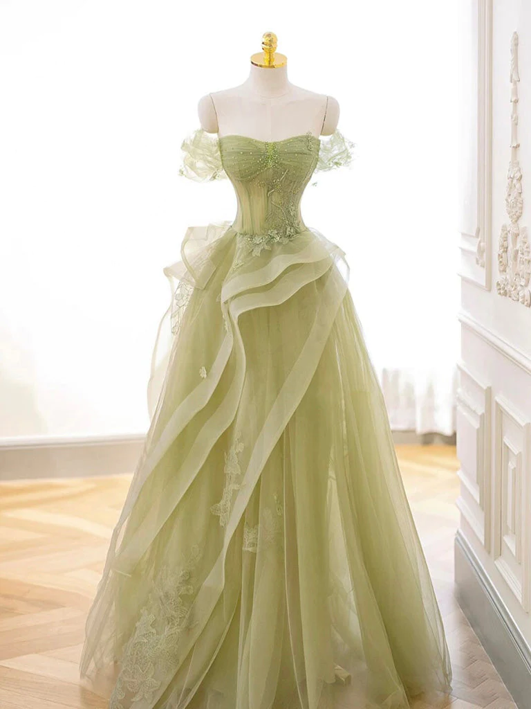 A-Line Off Shoulder Tulle Lace Green Long Prom Dress P634