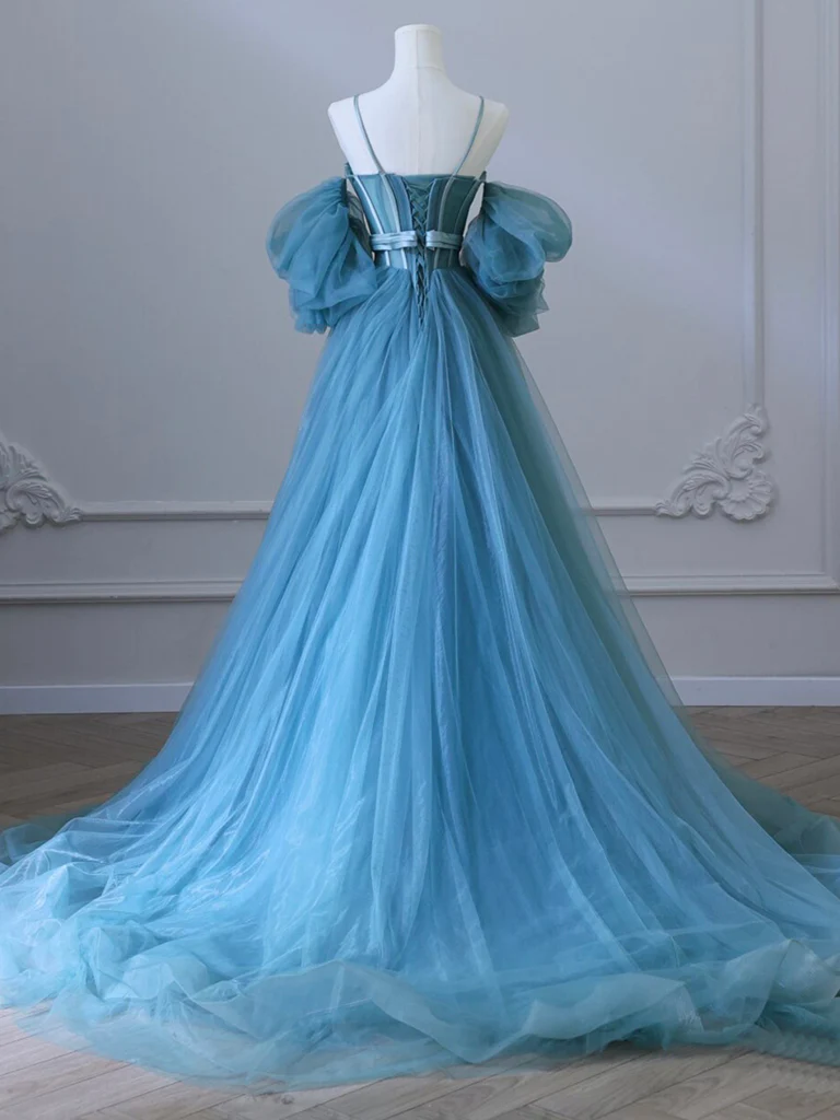 A-Line Sweetheart Neck Tulle Blue Long Prom Dress P637