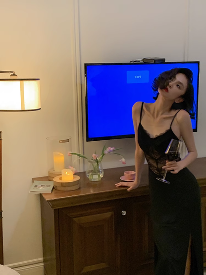 Sexy Mermaid Straps Black Lace Prom Dress 21th Birthday Outfits P683