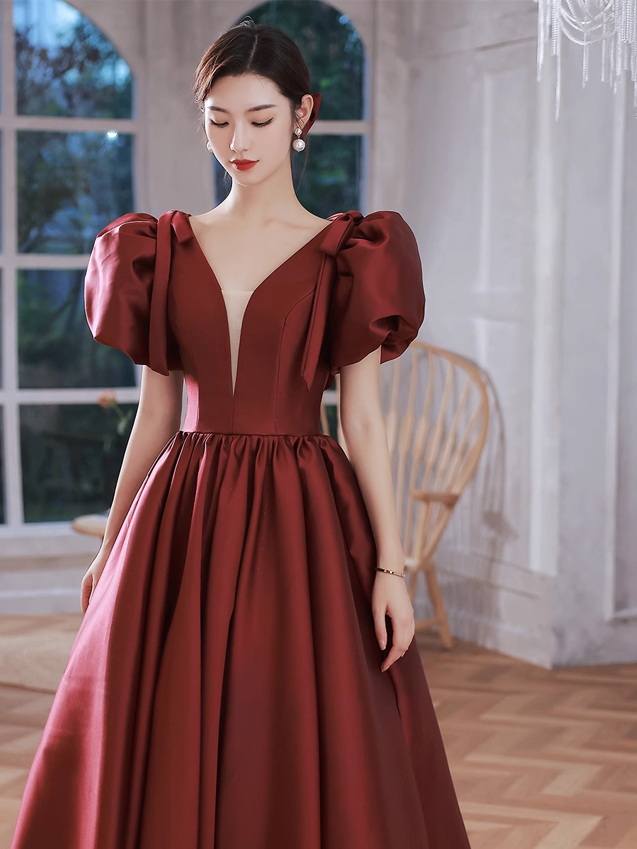 A line Burgundy Party Dresses Long Satin Prom Dresses P725