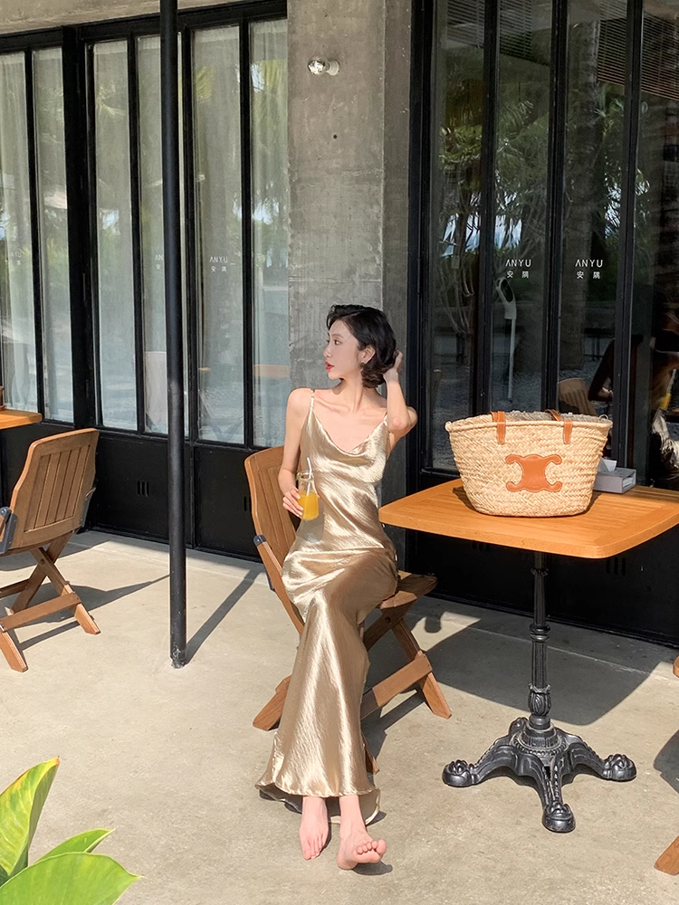 Sexy Mermaid Straps Gold Satin Prom Dress 21th Birthday Outfits P684