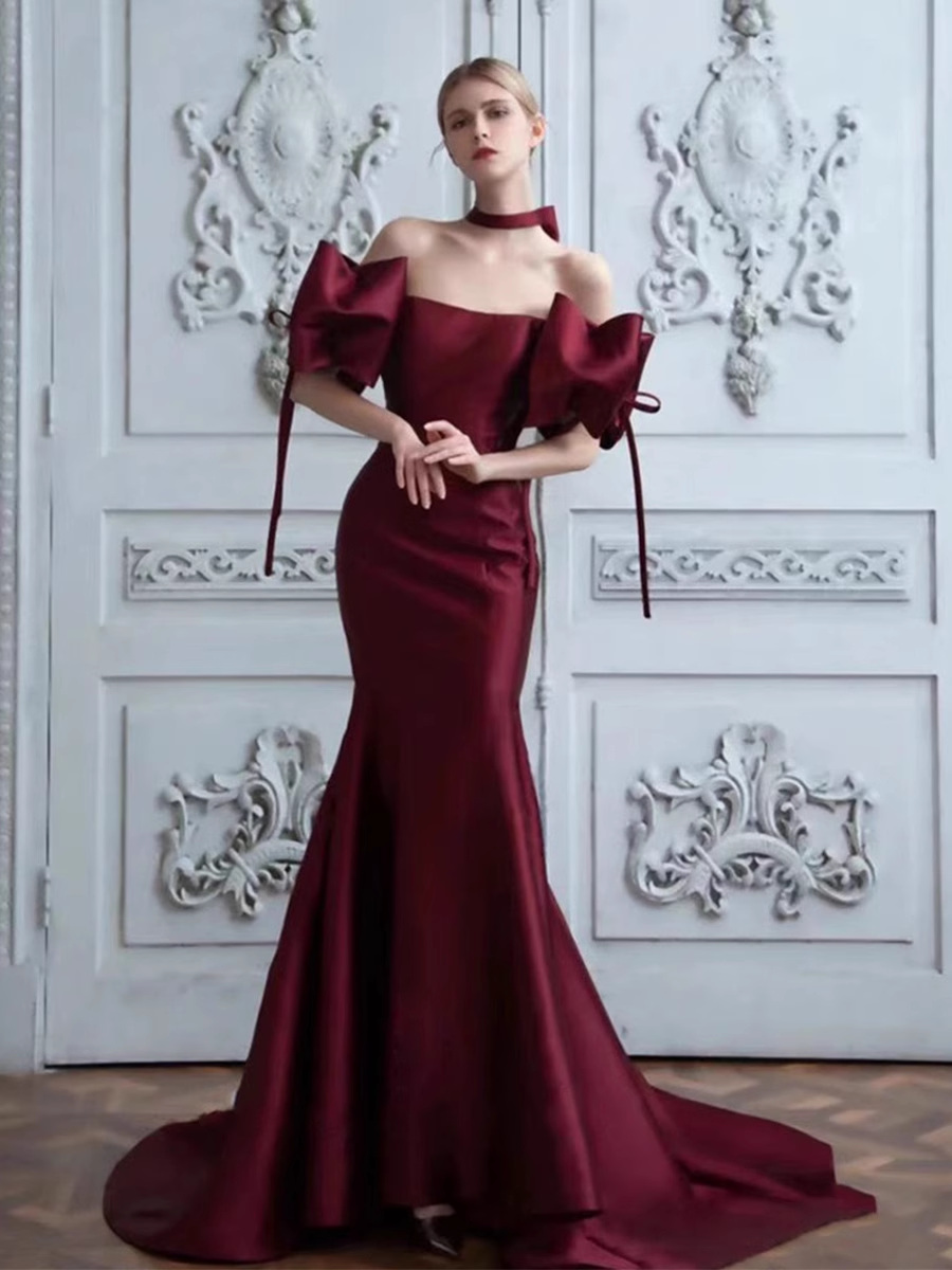 Mermaid Off The Shoulder Burgundy Party Dresses Long Prom Dresses P724