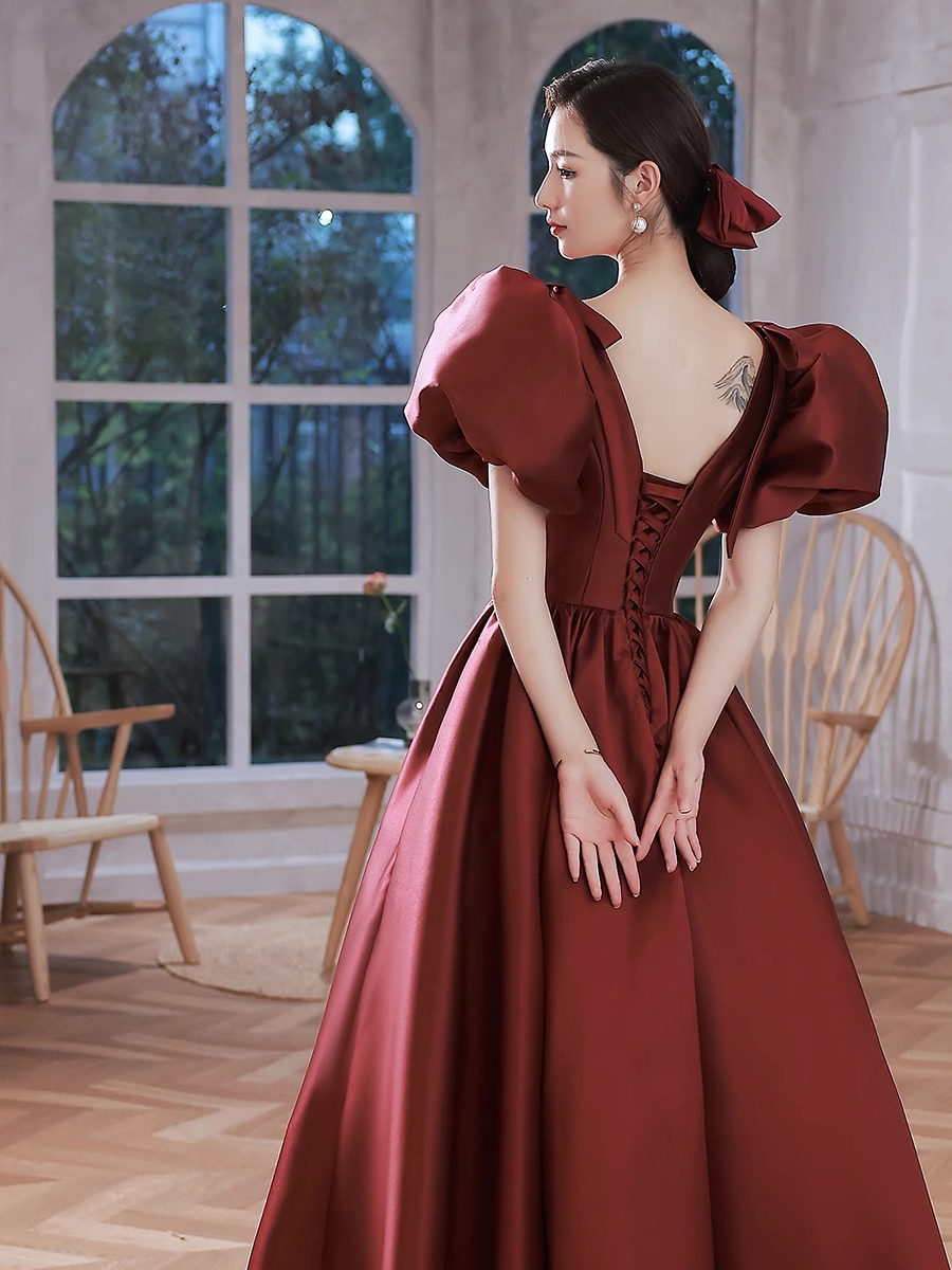 A line Burgundy Party Dresses Long Satin Prom Dresses P725