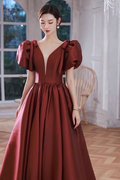 A line Burgundy Party Dresses Long Satin Prom Dresses P725