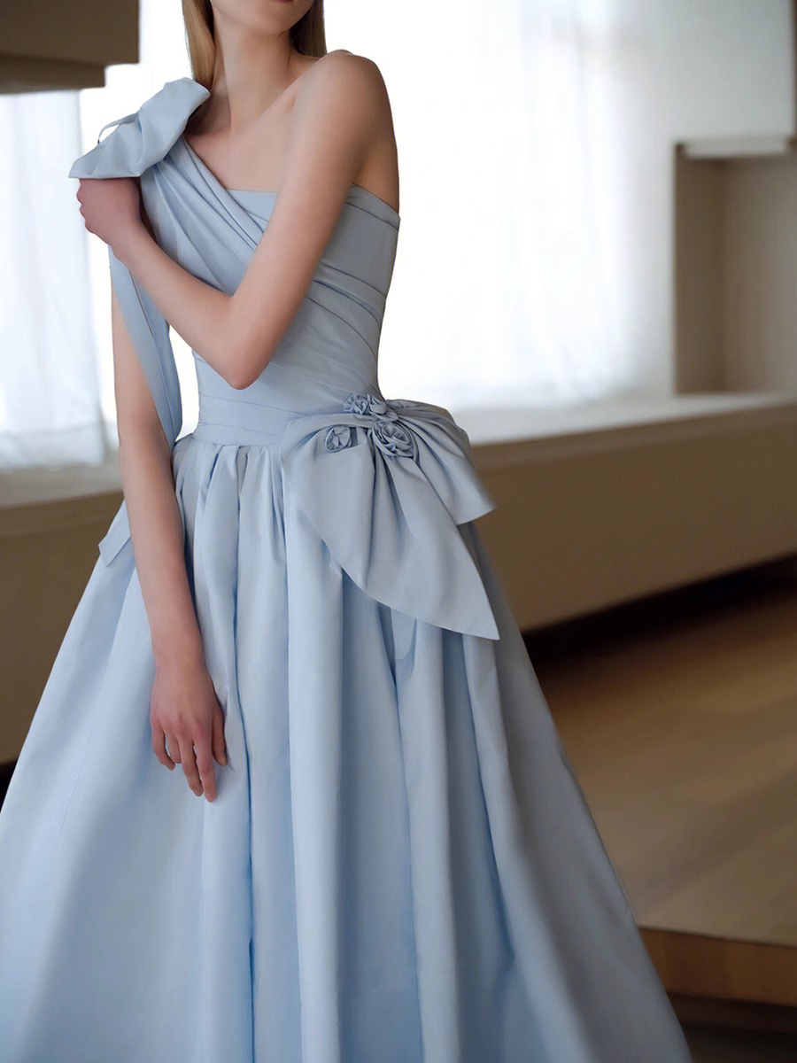 A line Light Sky Blue Party Dresses Long Satin One Shoulder Prom Dresses P726