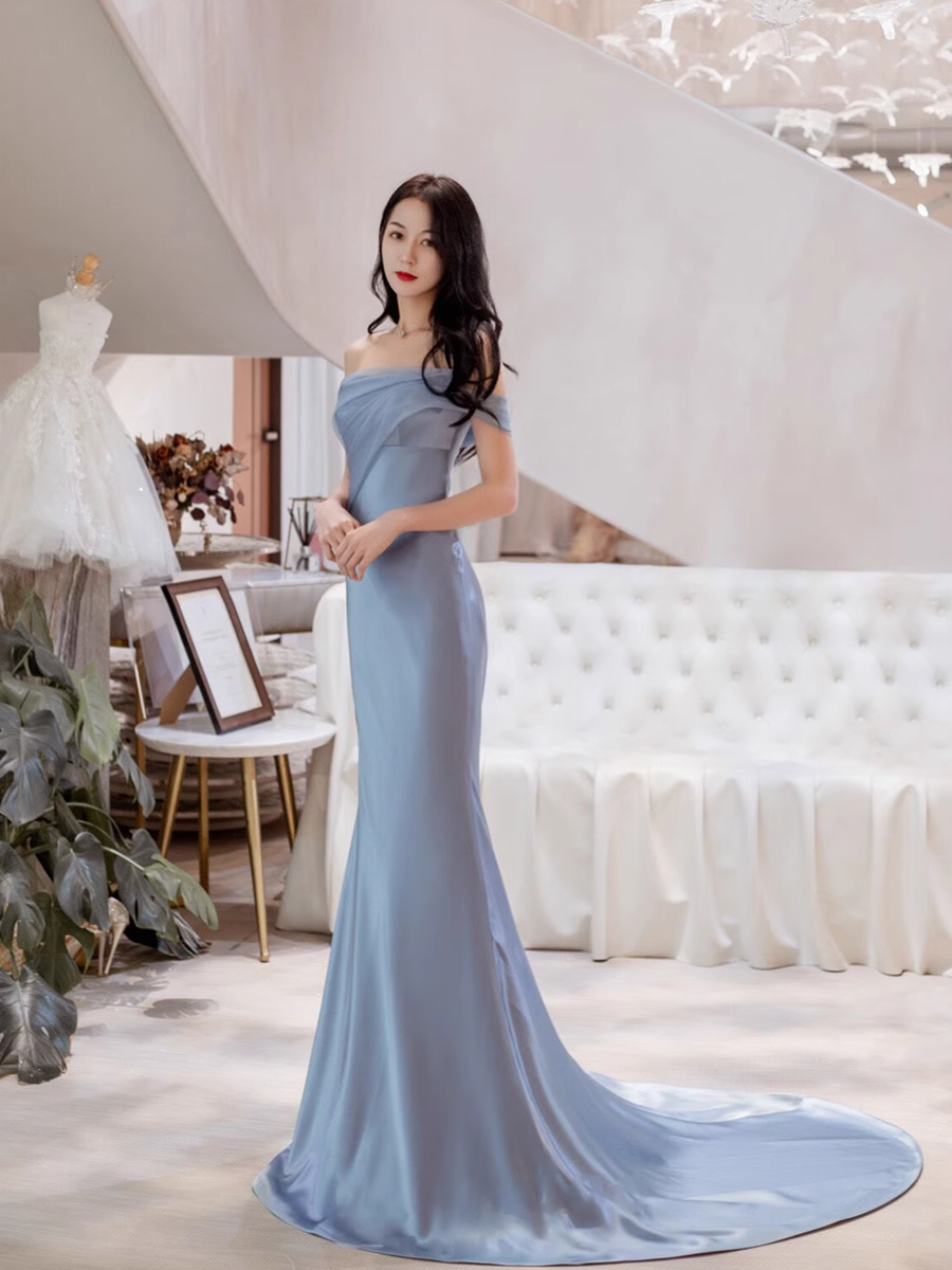 Mermaid Off The Shoulder Light Sky Blue Party Dresses Long Prom Dresses P728