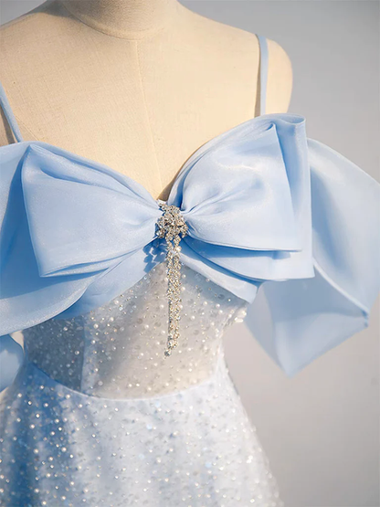 A-Line Tulle Sequin Blue Long Prom Dress P739