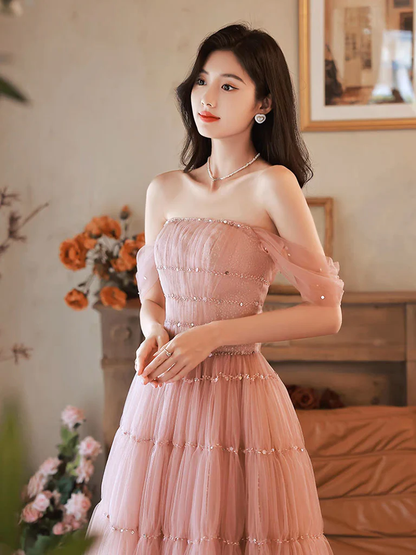 Simple A-Line Pink Off Shoulder Long Prom Dress P741