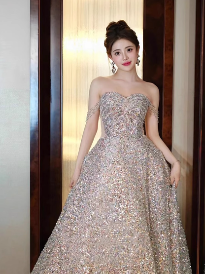 A line Straps Evening Party Dress Sequin Long Prom Dress P779