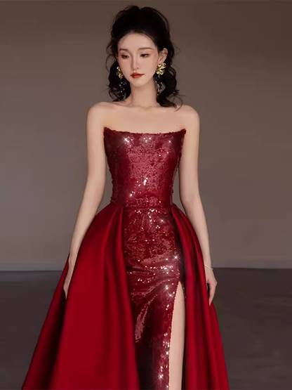 Sexy Mermaid Strapless Sleeveless Party Dress Red Long Prom Dress P864
