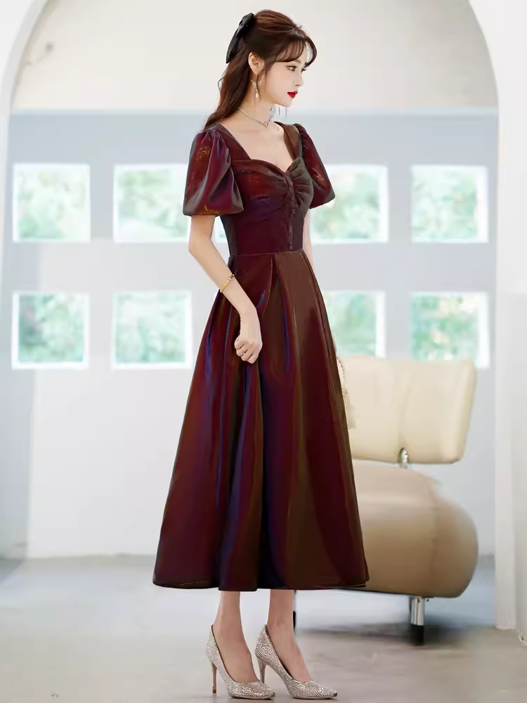 A Line Square Party Dress Knee Length Burgundy Prom Dress P867