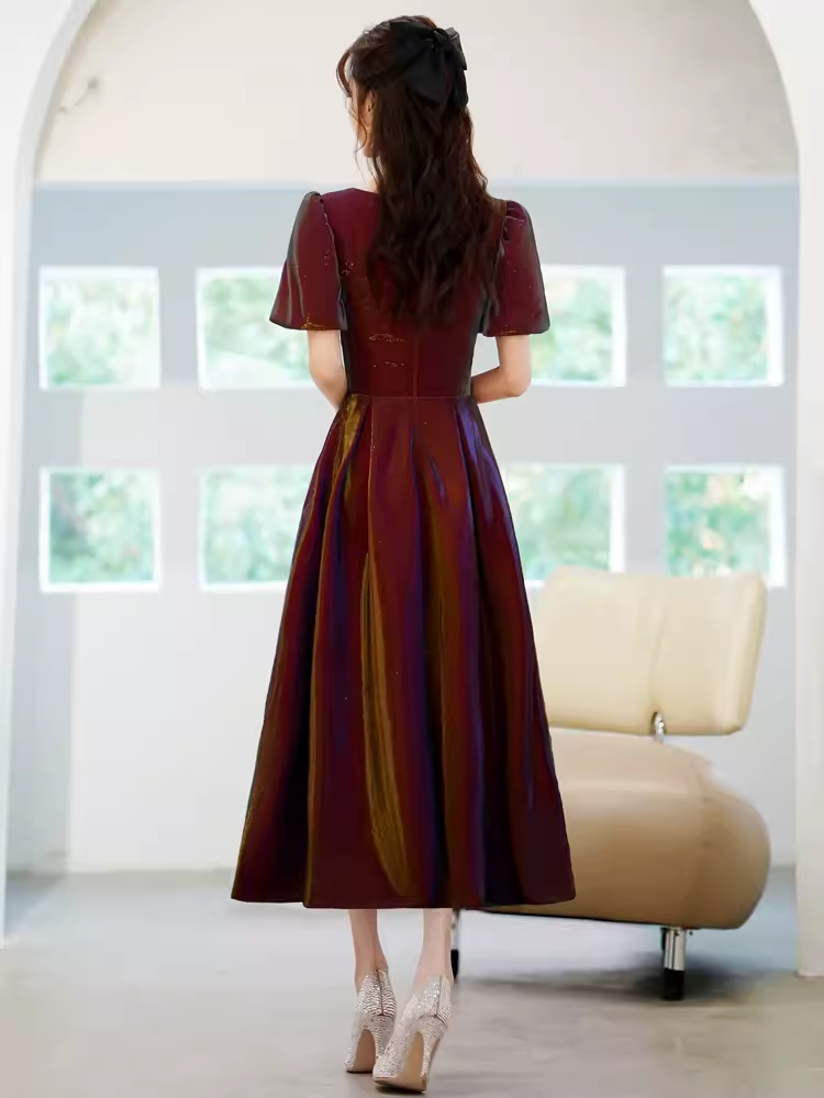 A Line Square Party Dress Knee Length Burgundy Prom Dress P867