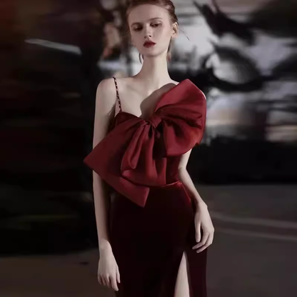 Mermaid Straps Velvet Red Party Dress Long Slit Prom Dress P875