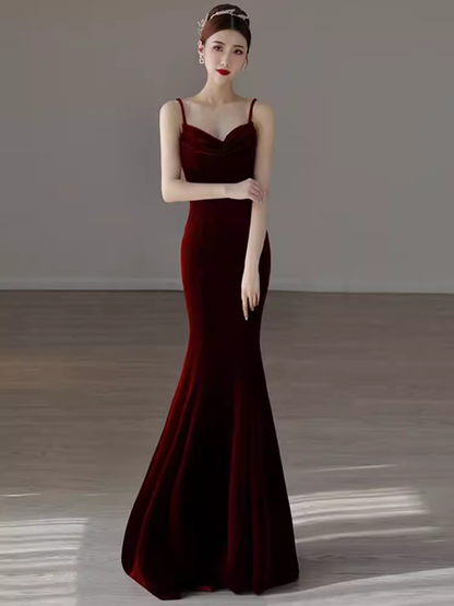Mermaid Straps Velvet Red Party Dress Long Backless Prom Dress P876