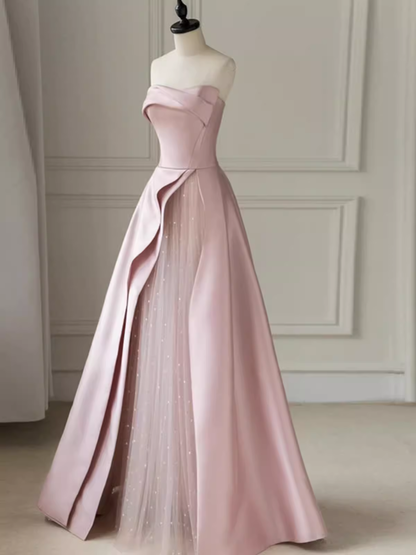 A line Strapless Pink Party Dress Long Satin Prom Dress P882