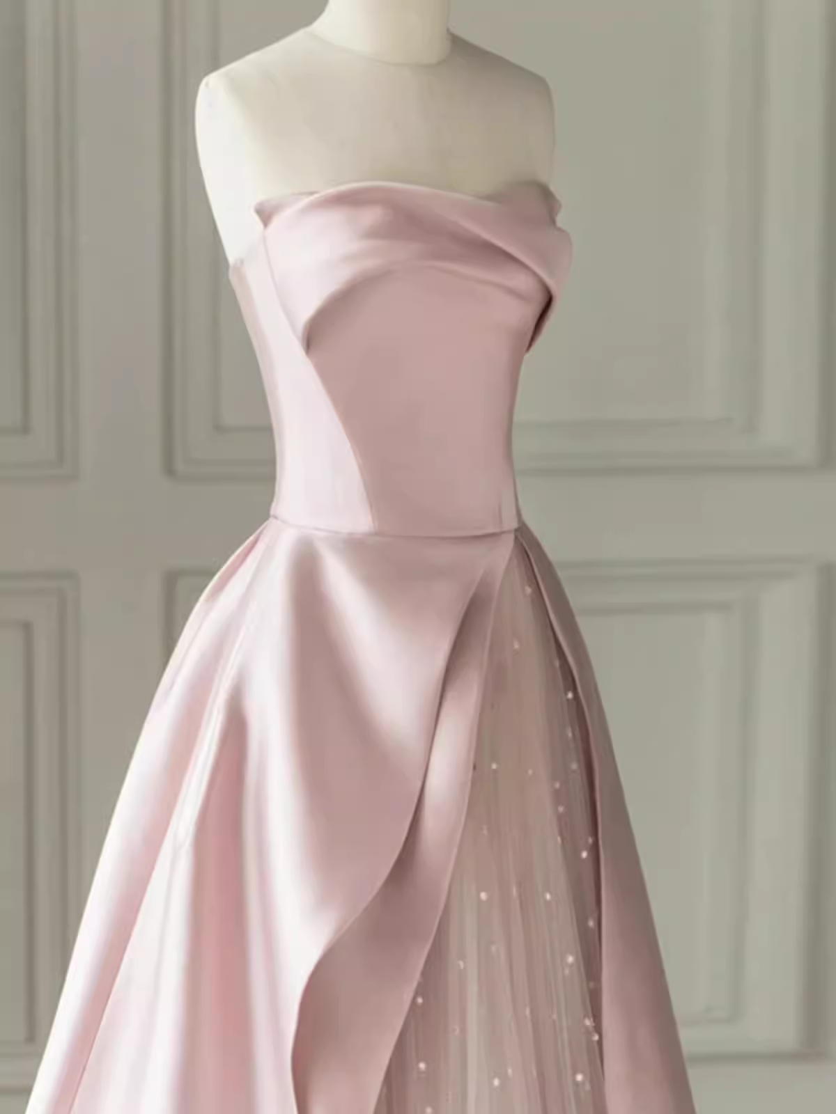 A line Strapless Pink Party Dress Long Satin Prom Dress P882