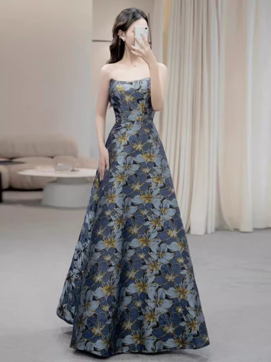 Vintage A line Strapless Party Dresses Long Blue Prom Dresses P943