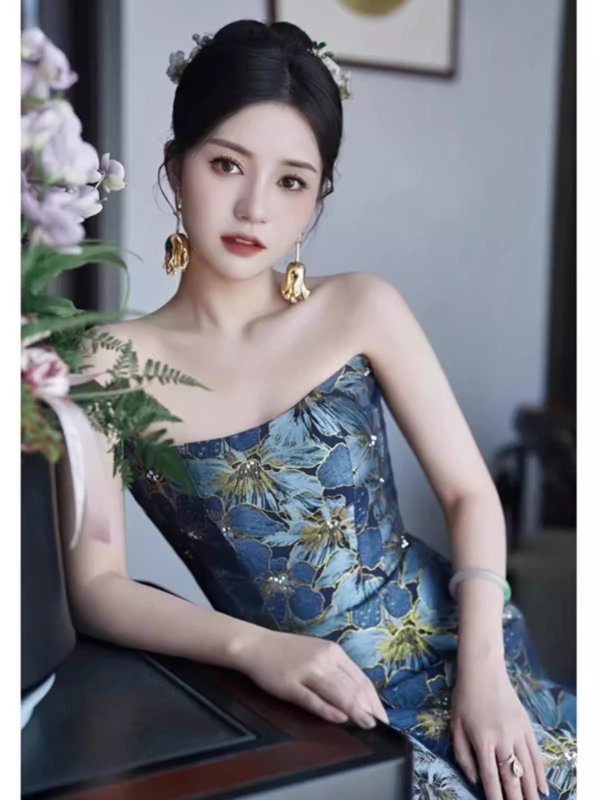 Vintage A line Strapless Party Dresses Long Blue Prom Dresses P943