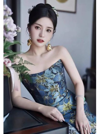 Vintage A line Strapless Party Dresses Long Blue Prom Dresses P943