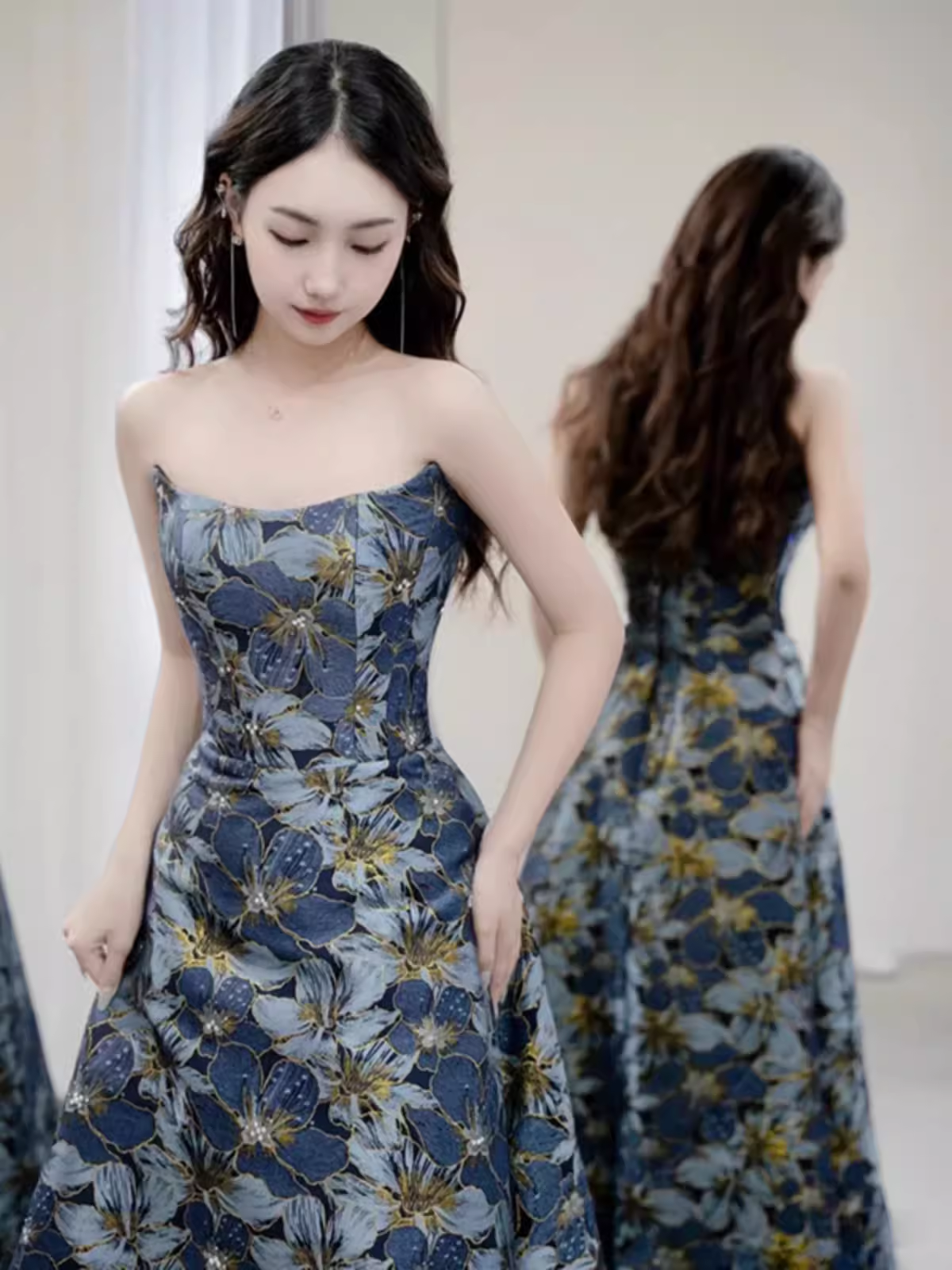 Vintage A line Strapless Party Dresses Long Blue Prom Dresses P943