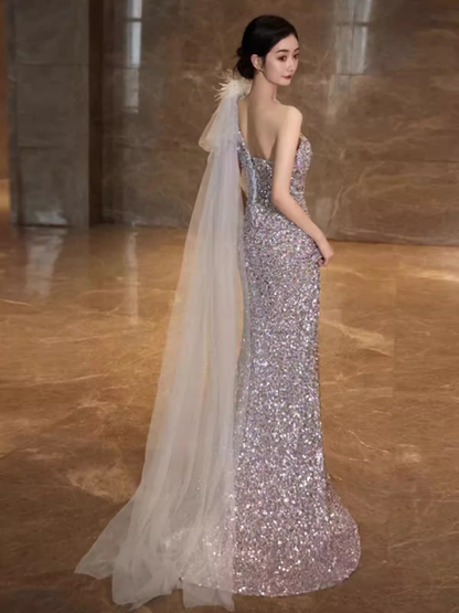 Princess Mermaid One Shoulder Party Dresses Sequin Lilac Prom Dresses P948