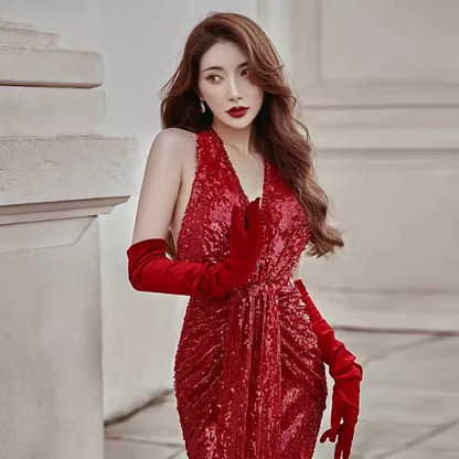 Sexy Mermaid Party Dresses Sequin Halter Red Prom Dresses P949